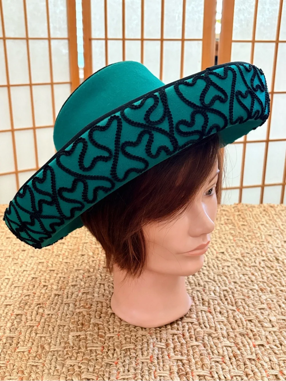 Esccello Wide Brim 100% Wool Sombrero Hat with Black Piped Embroidery